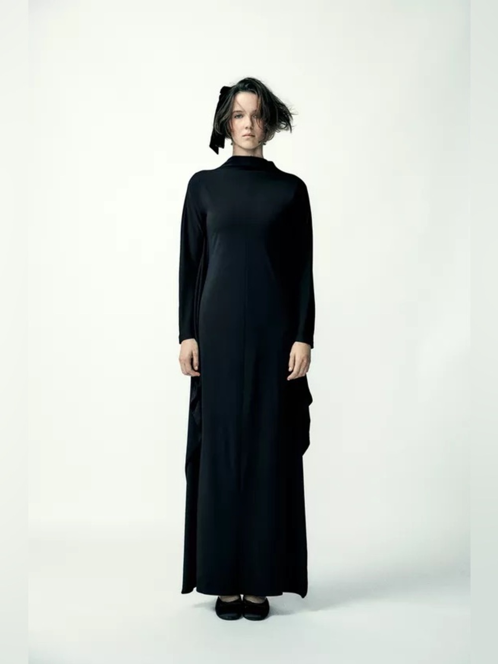 Zara Black Long sleeve Elegant Black Batwing Cape Dress size xs - Picture 2 of 6